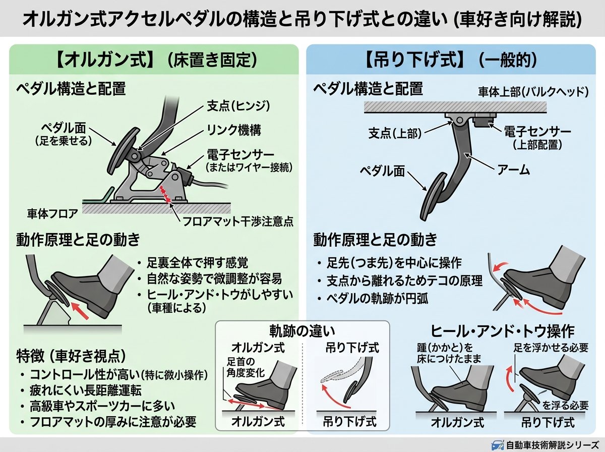 オルガン式アクセルペダルの構造と吊り下げ式との違い