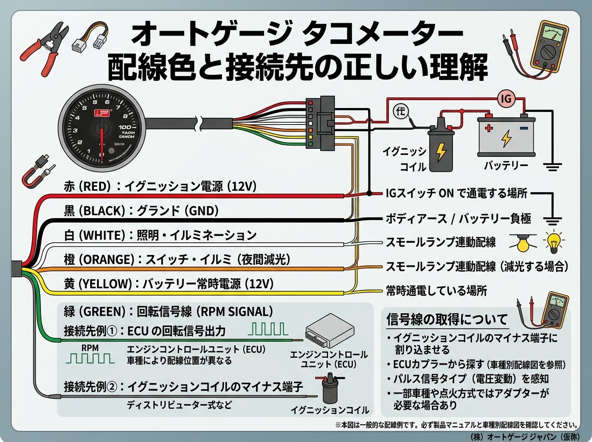 オートゲージ タコメーターの配線色と接続先を正しく理解する