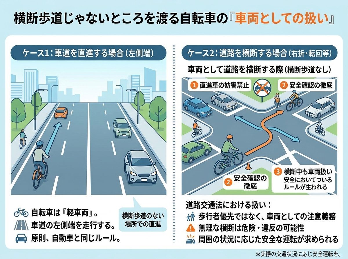 横断歩道じゃないところを渡る自転車の車両としての扱い
