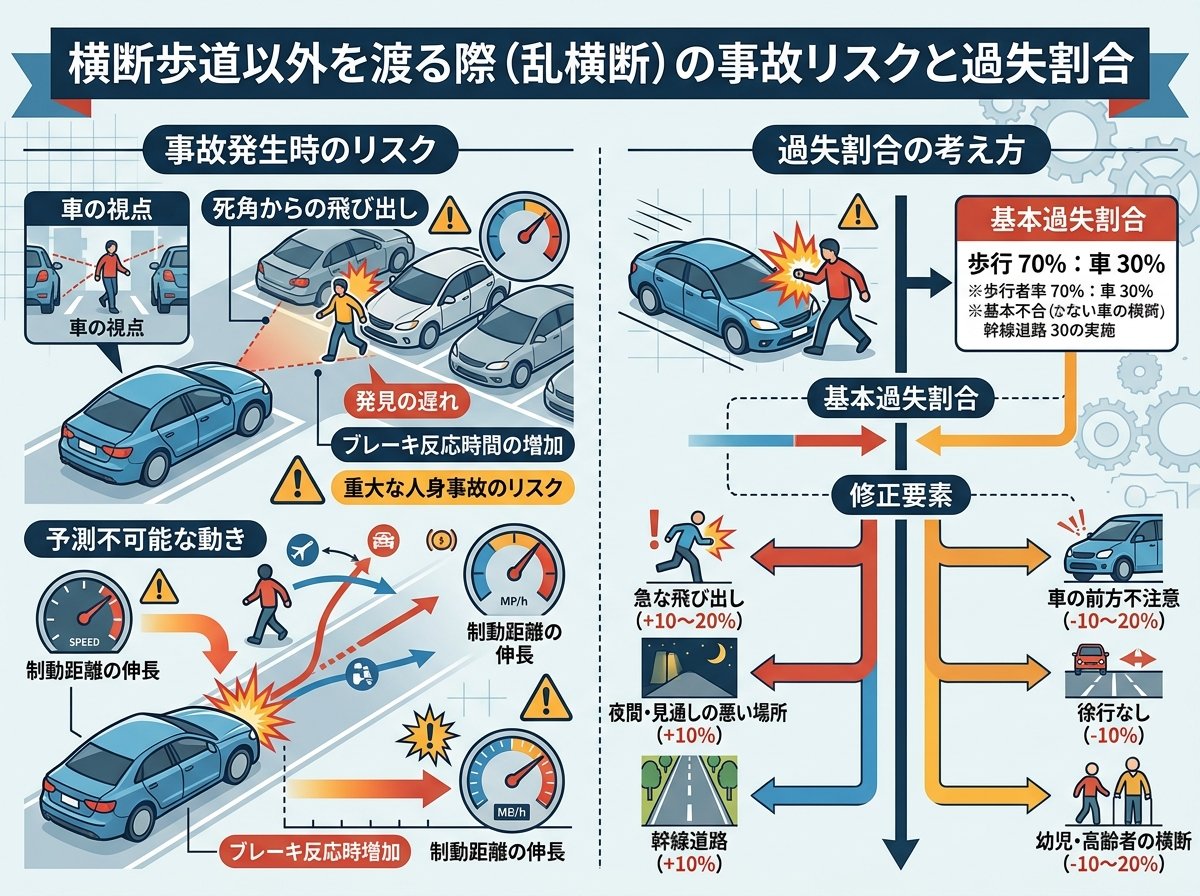 横断歩道じゃないところを渡る際の事故リスクと過失割合