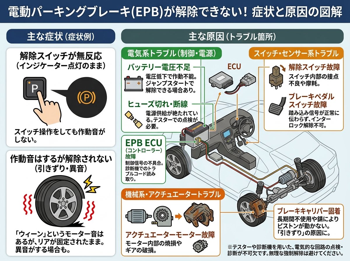 パーキングブレーキ解除できない電動式の症状と原因