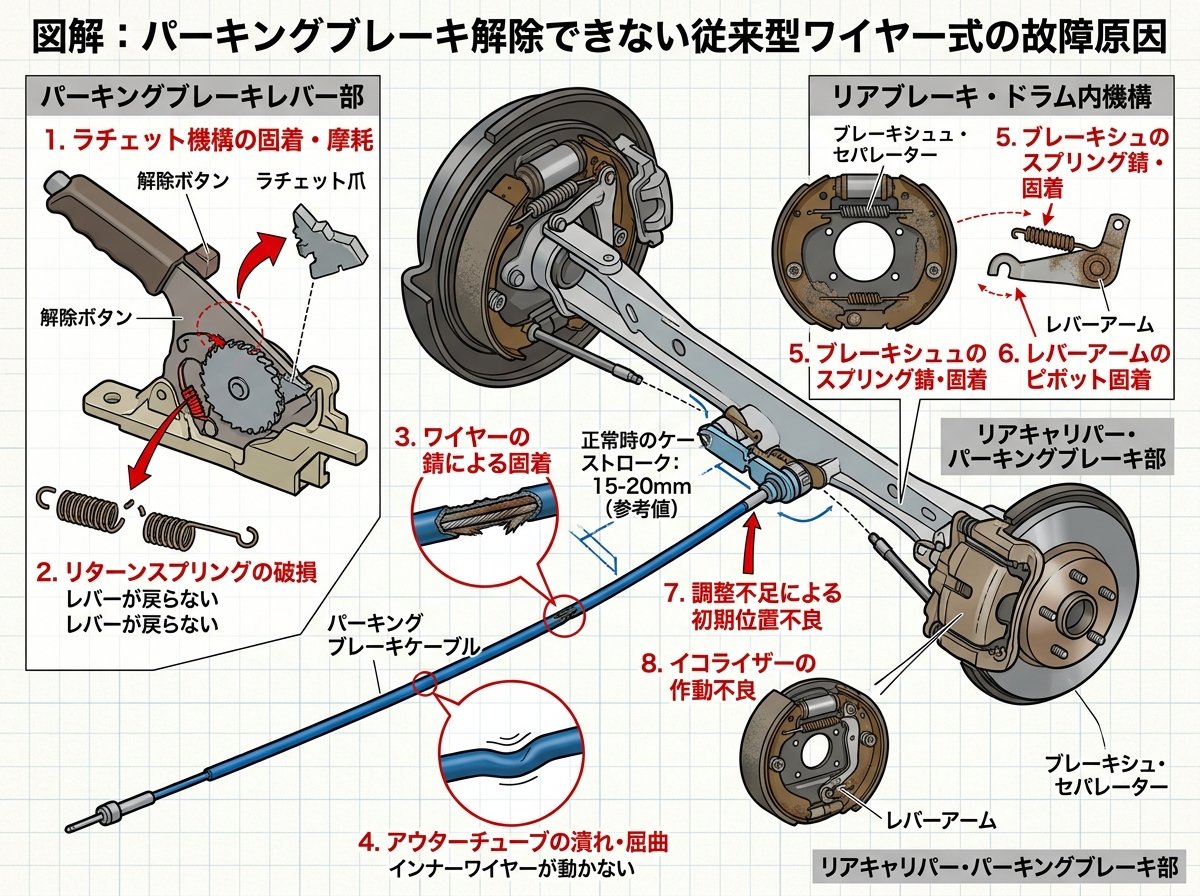 パーキングブレーキ解除できない従来型ワイヤー式の故障