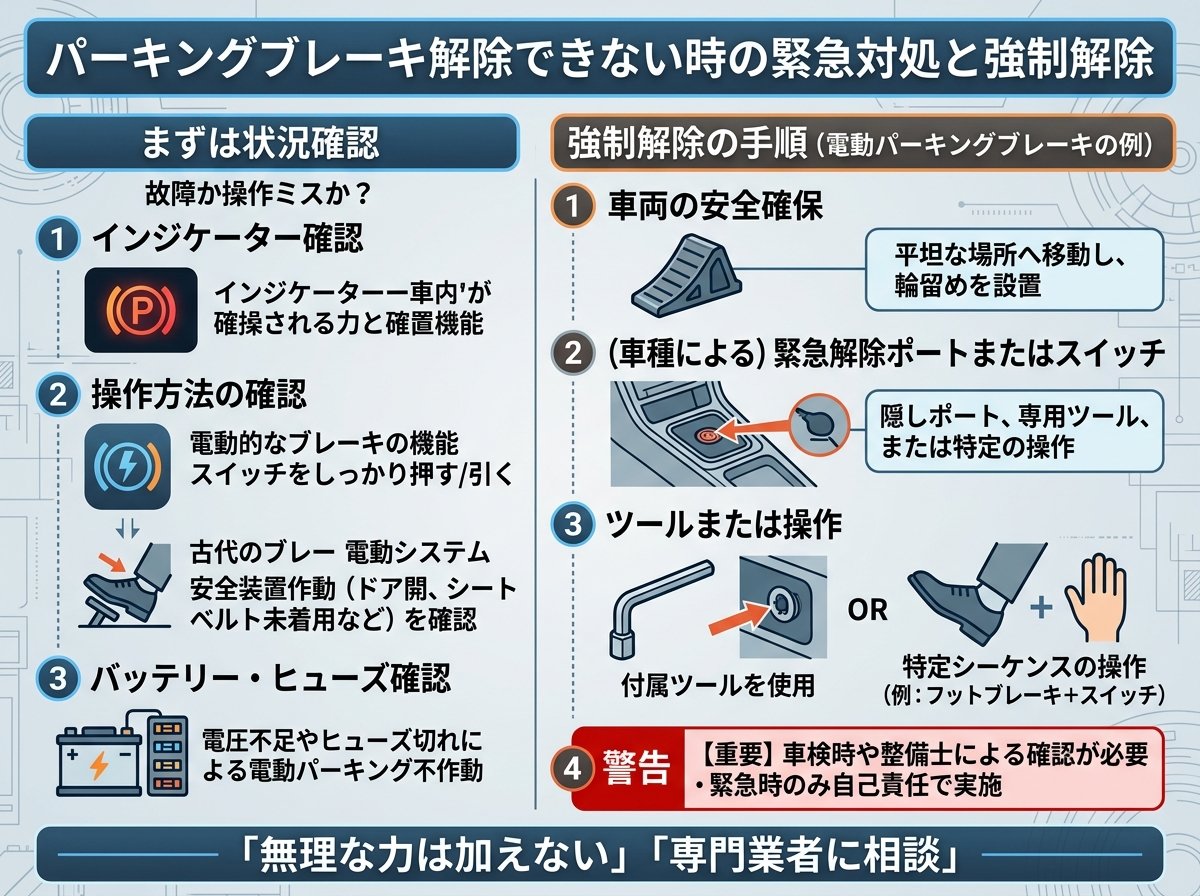 パーキングブレーキ解除できない時の緊急対処と強制解除