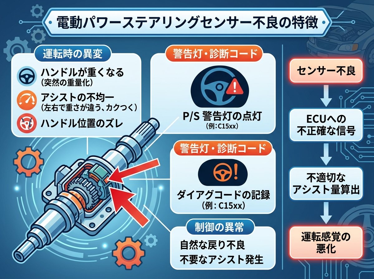 電動パワーステアリングセンサー不良の特徴