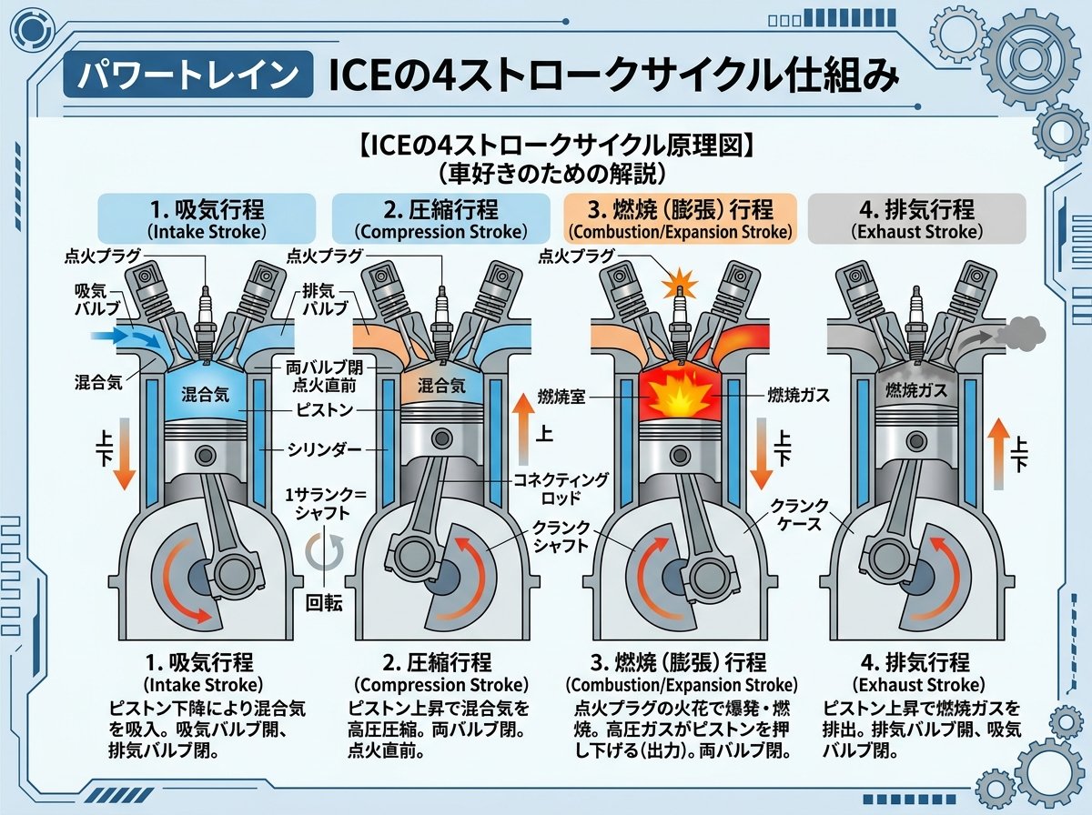 パワートレイン ICEの4ストロークサイクル仕組み