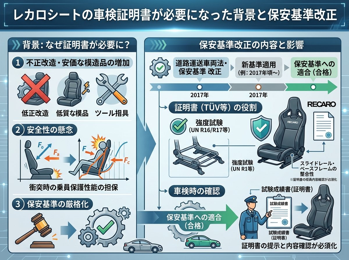 レカロシートの車検証明書が必要になった背景と保安基準改正