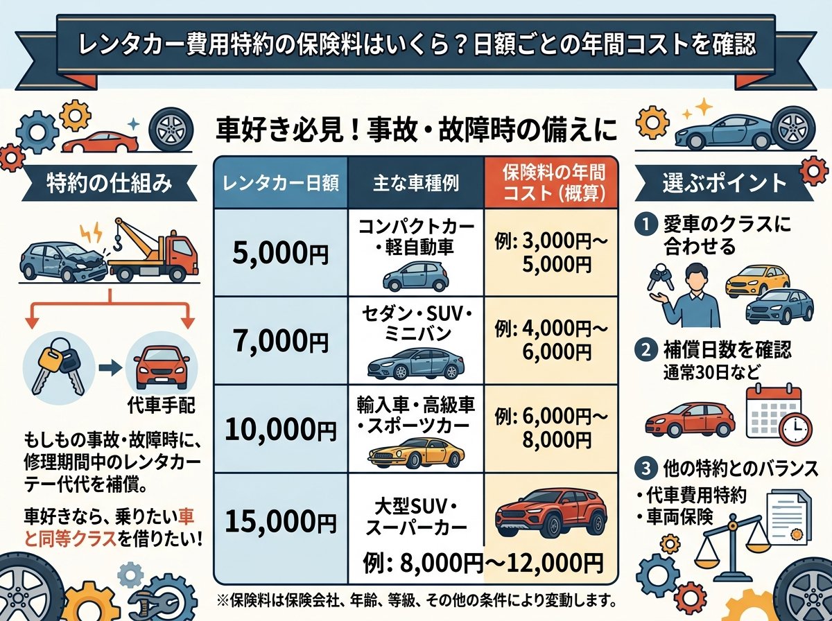 レンタカー費用特約の保険料はいくら？日額ごとの年間コストを確認