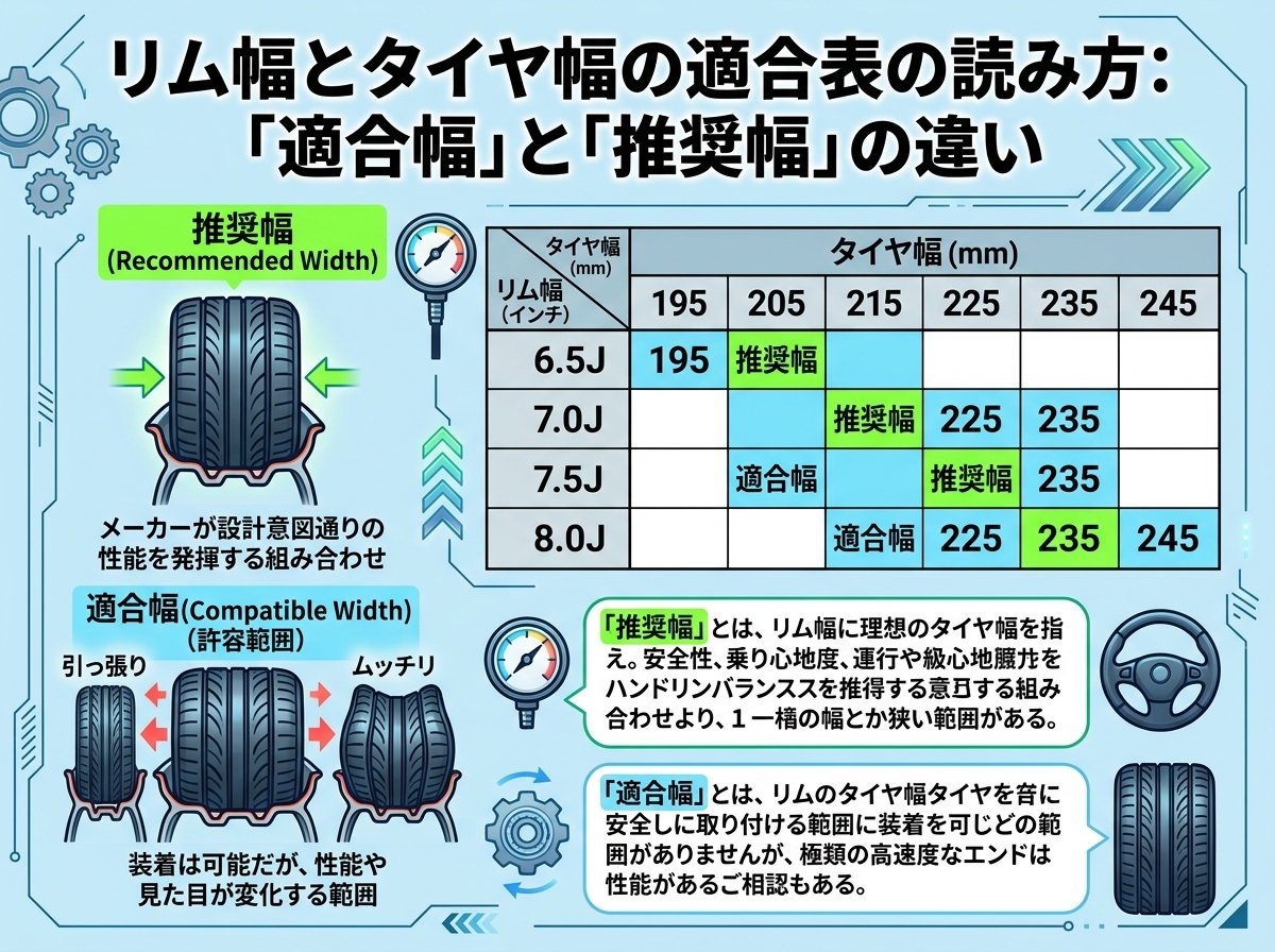 リム幅とタイヤ幅の適合表の読み方:「適合幅」と「推奨幅」の違い