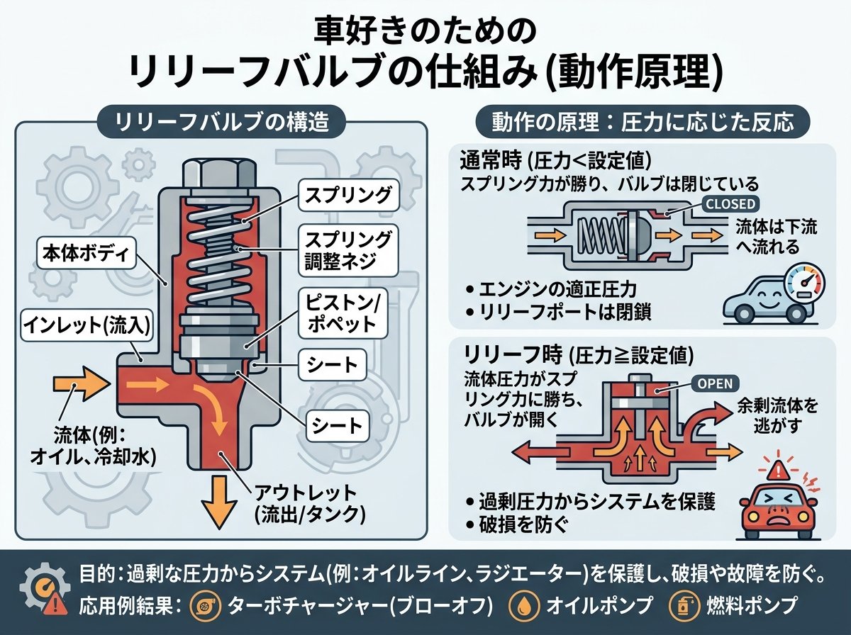 リリーフバルブの仕組み(動作原理)をわかりやすく図解で説明