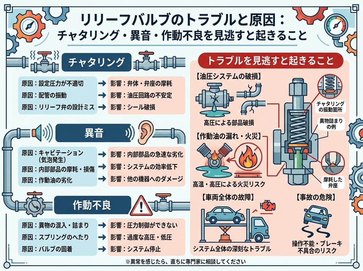リリーフバルブのトラブルと原因:チャタリング・異音・作動不良を見逃すと起きること