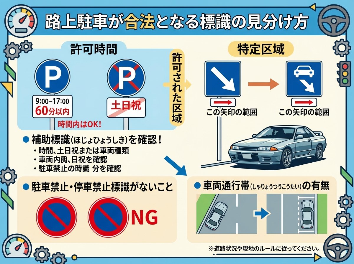 路上駐車が合法となる標識の見分け方