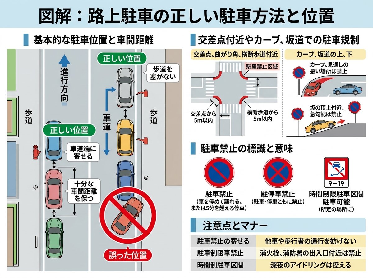 路上駐車の正しい駐車方法と位置