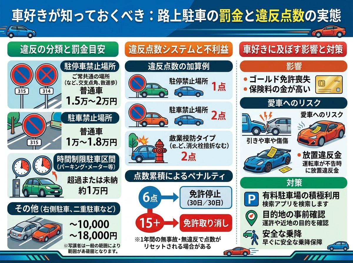 路上駐車の罰金と違反点数の実態