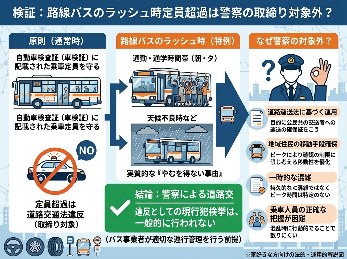 路線バス定員がラッシュ時に超過しても警察の対象外