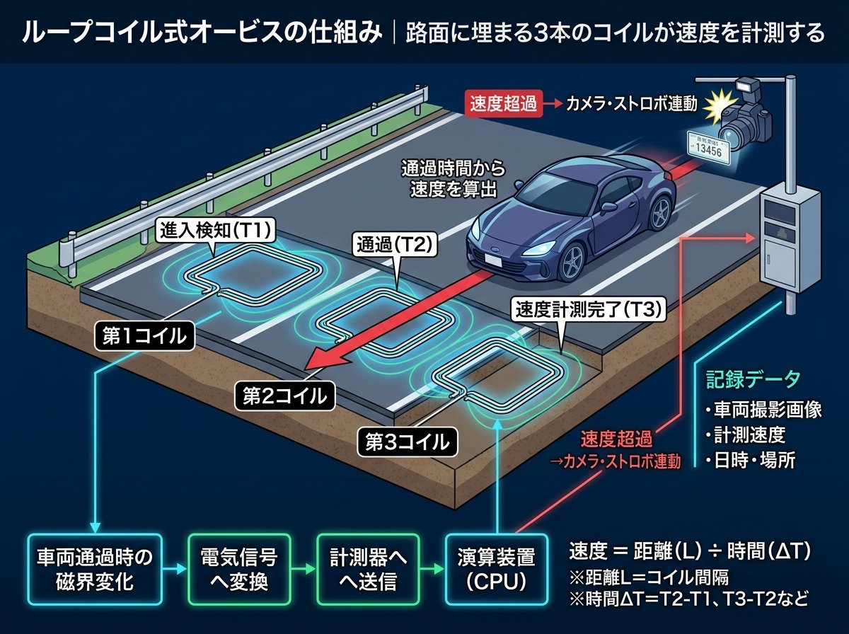 ループコイル式オービスの仕組み｜路面に埋まる3本のコイルが速度を計測する