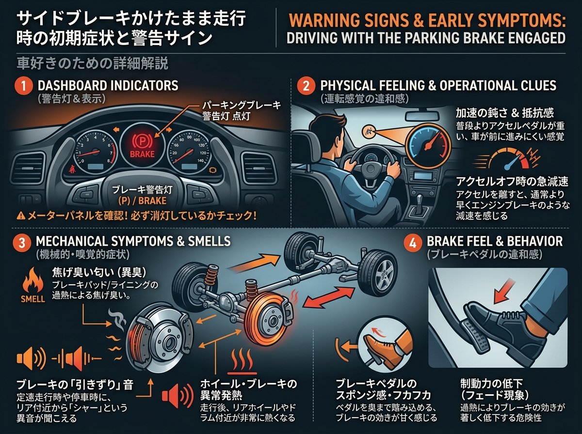サイドブレーキかけたまま走行時の初期症状と警告サイン