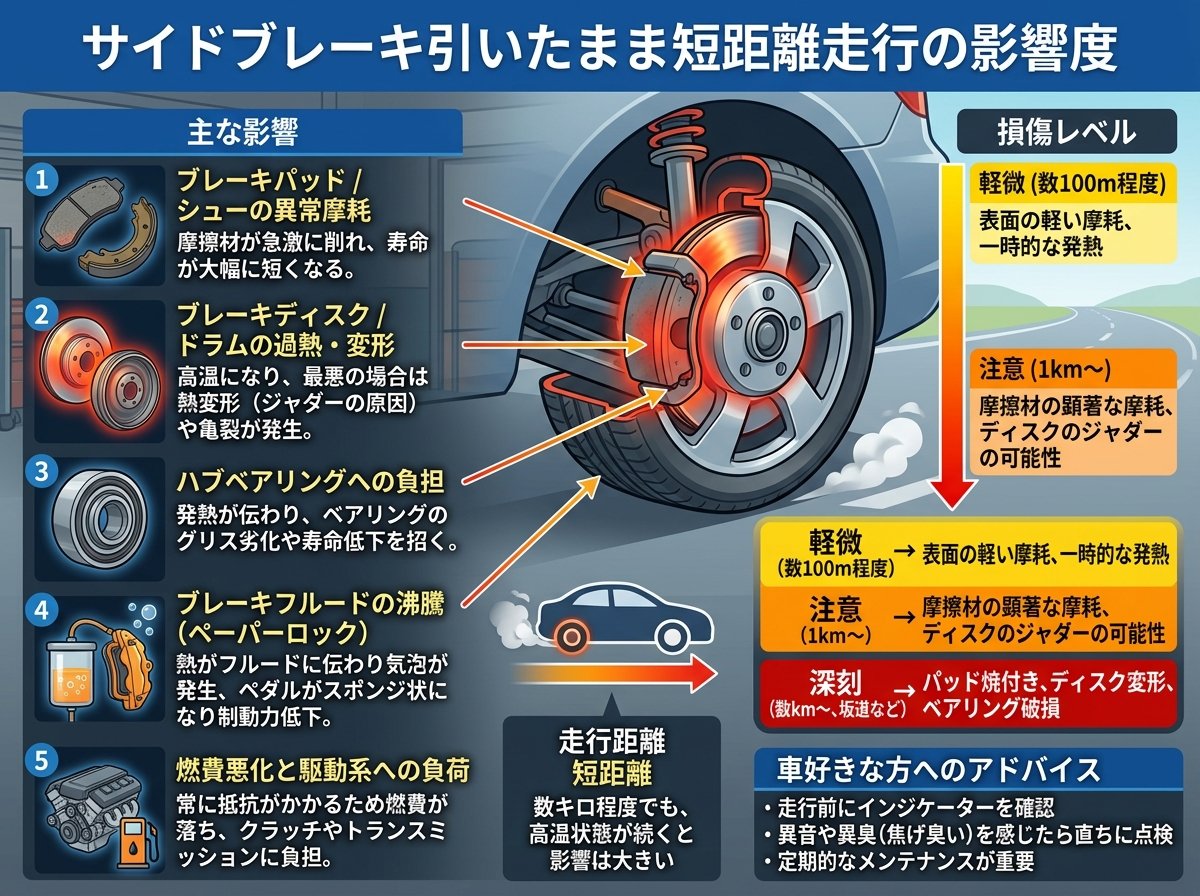 サイドブレーキ引いたまま短距離走行の影響度