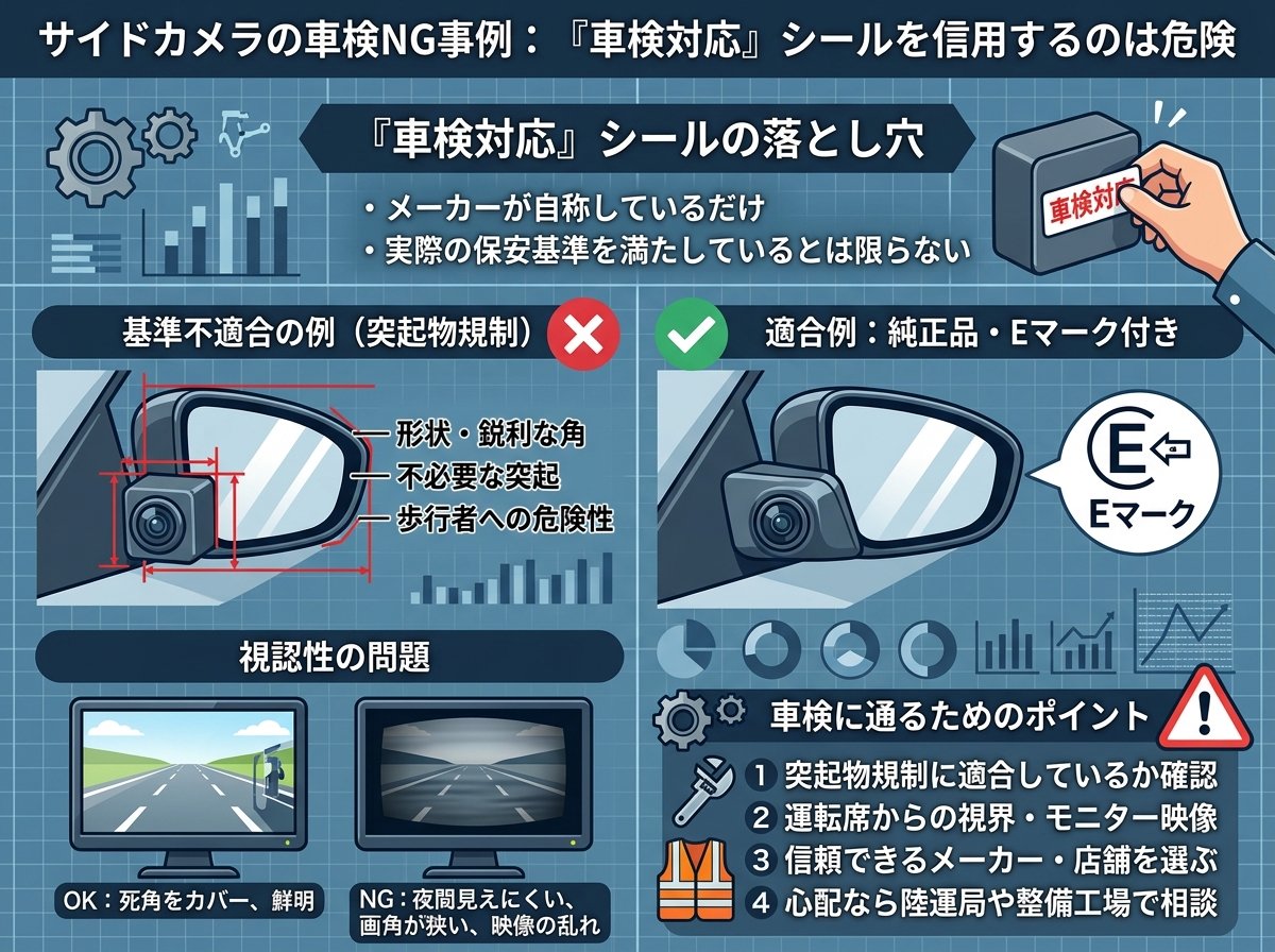 サイドカメラの車検NG事例:「車検対応」シールを信用するのは危険