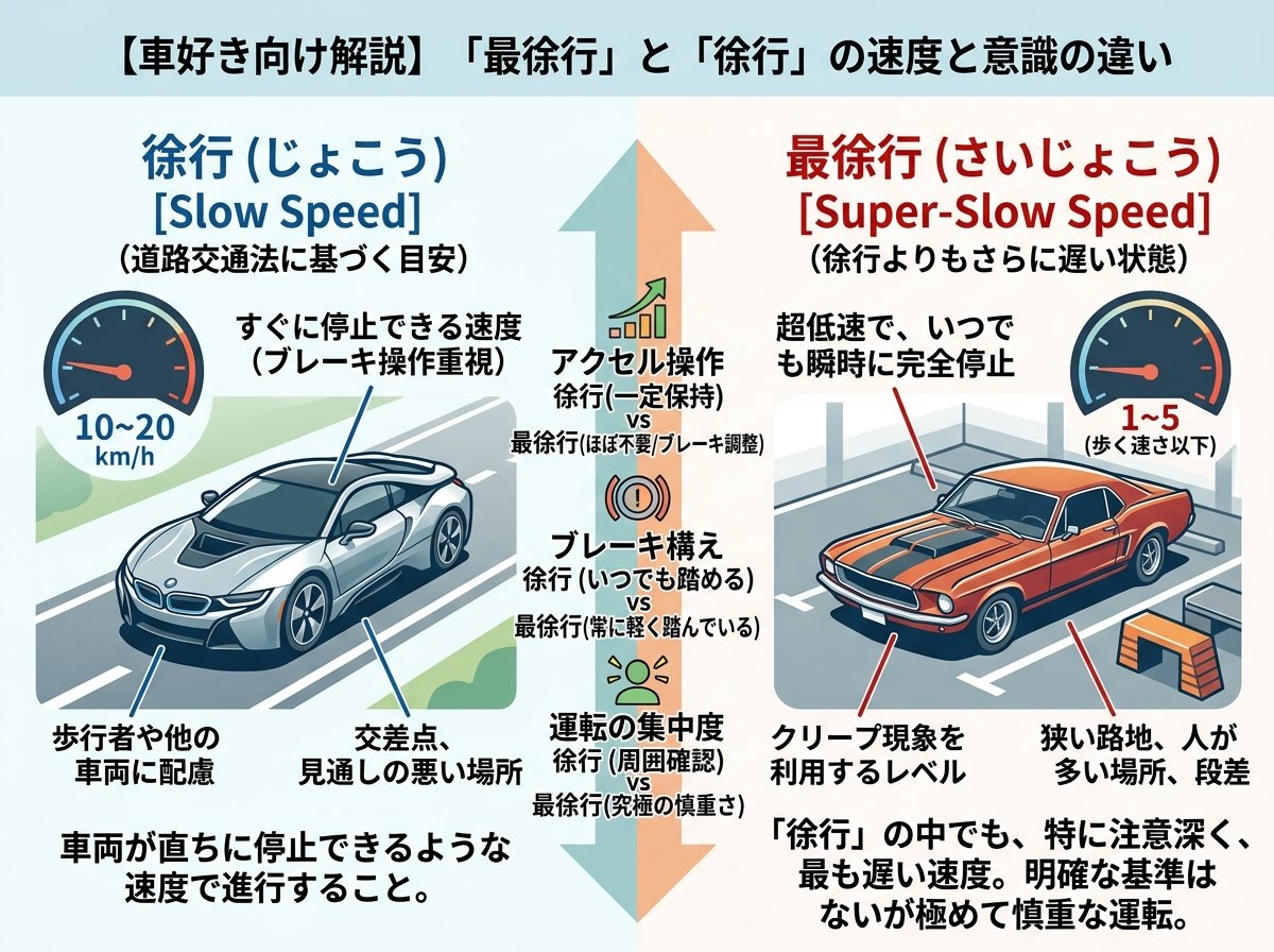 最徐行と徐行の速度の違い