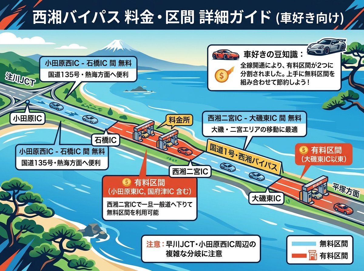 西湘バイパス料金の無料区間と有料区間の詳細