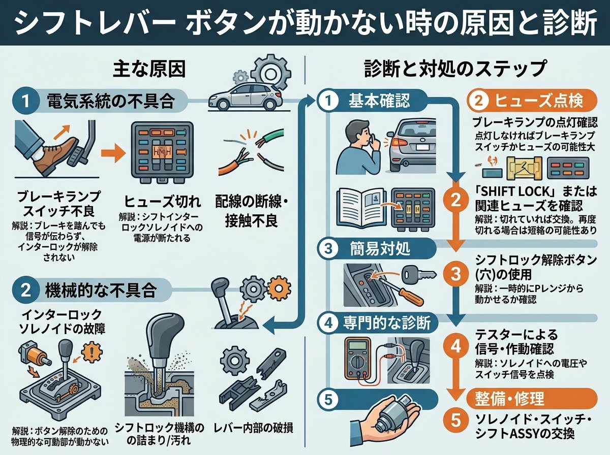 シフトレバー ボタンが動かない時の原因と診断