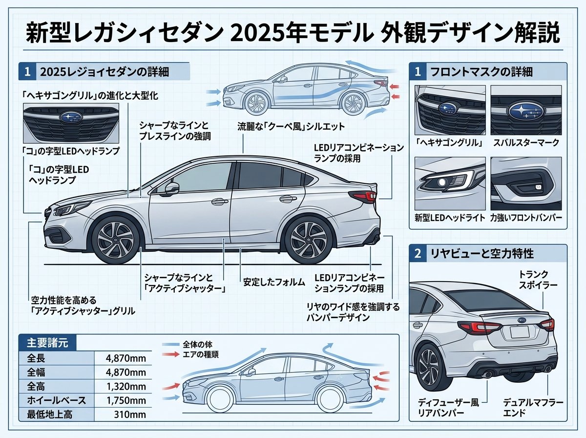 新型レガシィセダン2025年モデルの外観デザイン