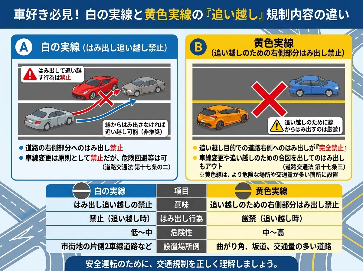 白の実線のはみ出し追い越しと黄色実線との規制内容の違い