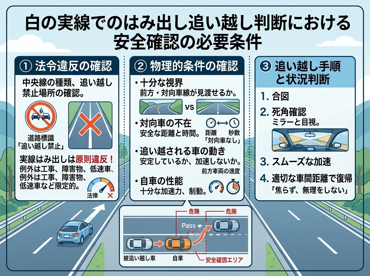 白の実線でのはみ出し追い越し判断における安全確認の必要条件