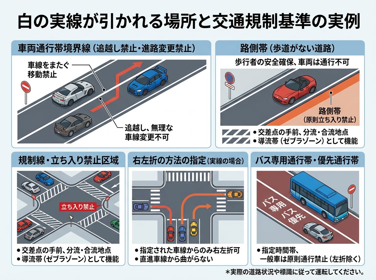 白の実線が引かれる場所と交通規制基準の実例