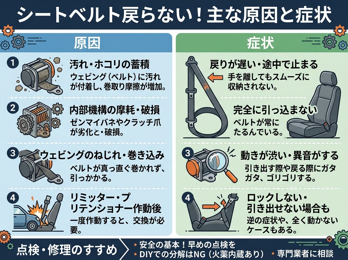 シートベルト戻らない主な原因と症状