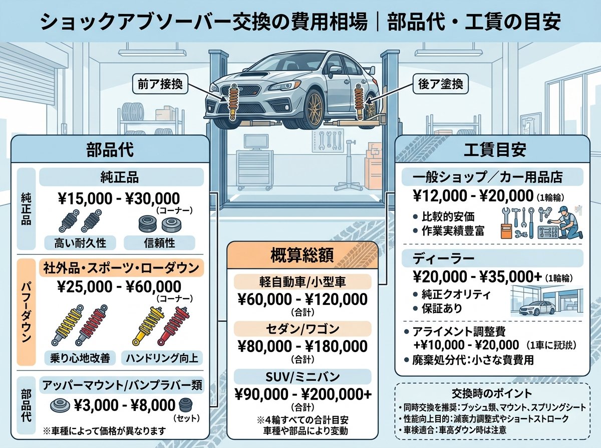 ショックアブソーバー交換の費用相場|部品代・工賃の目安