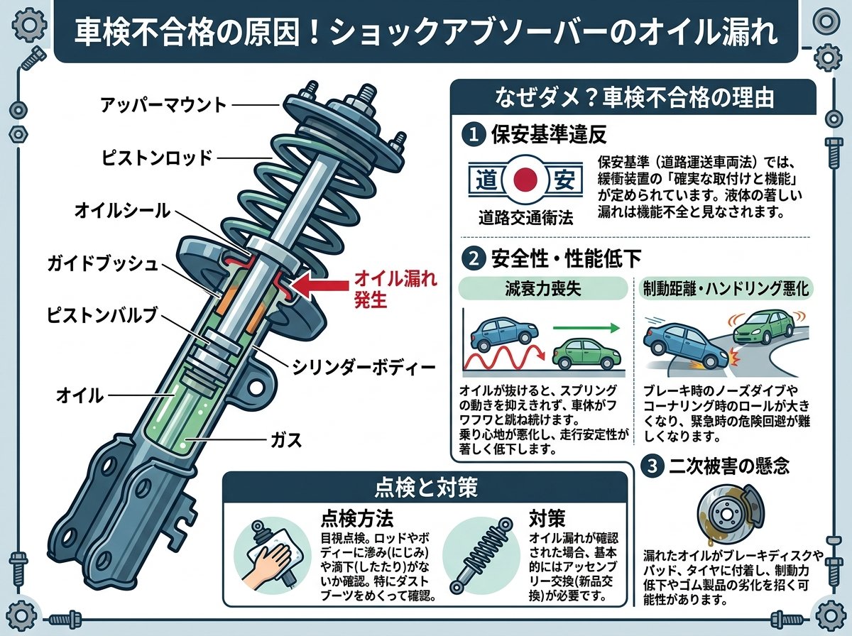 ショックアブソーバーのオイル漏れで車検が通らない仕組み