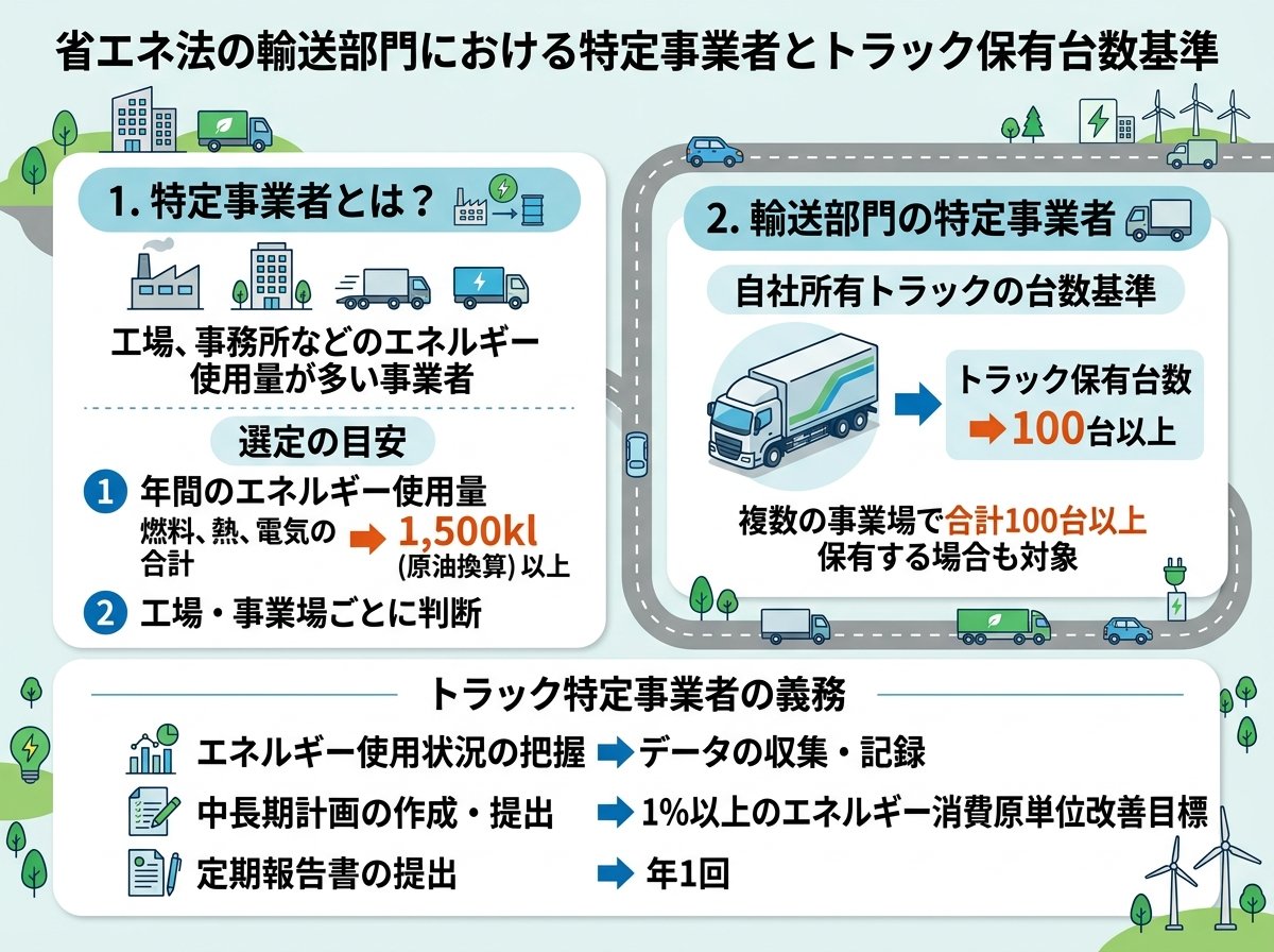 省エネ法の輸送部門における特定事業者とトラック保有台数基準