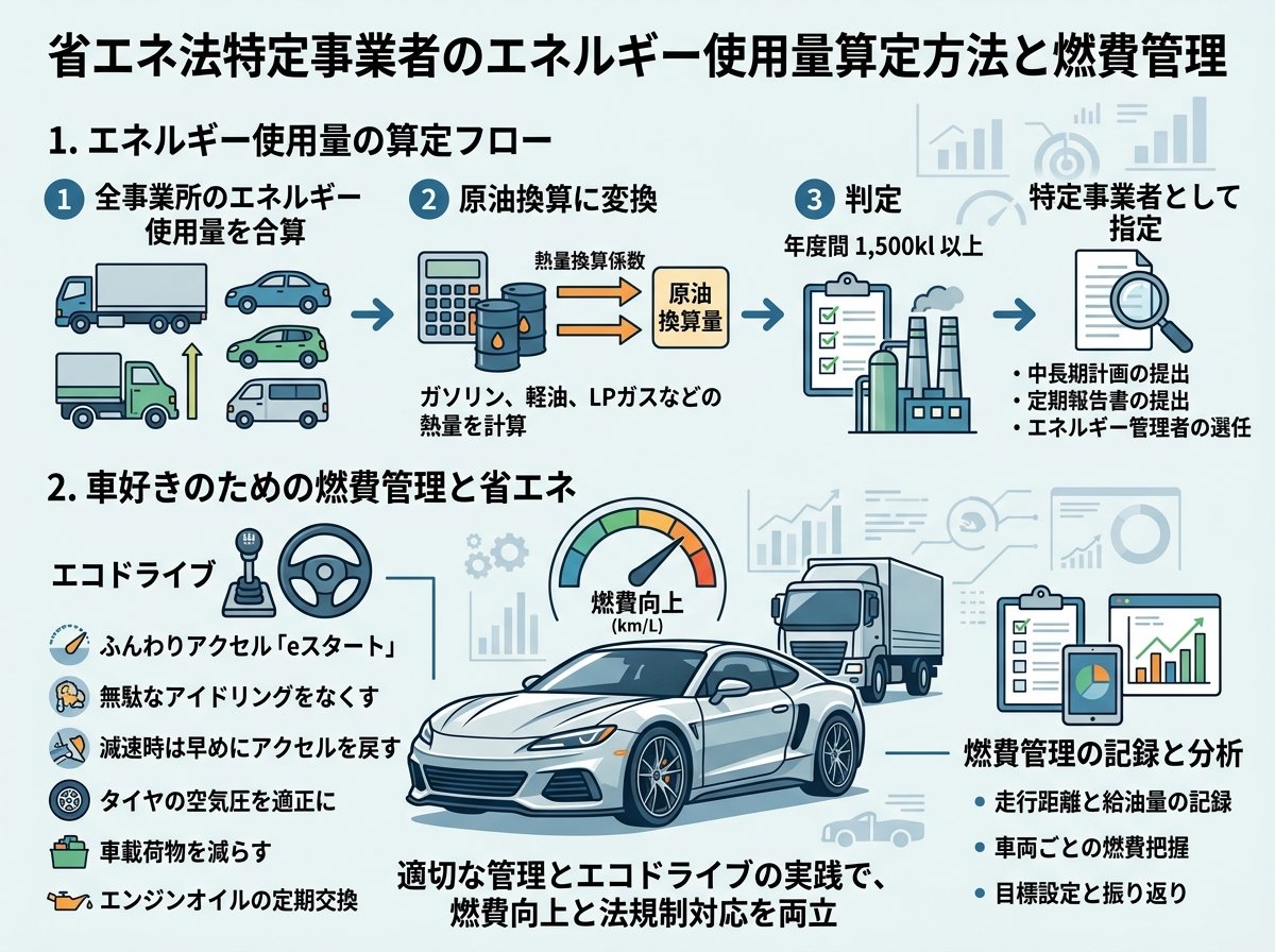 省エネ法特定事業者のエネルギー使用量算定方法と燃費管理