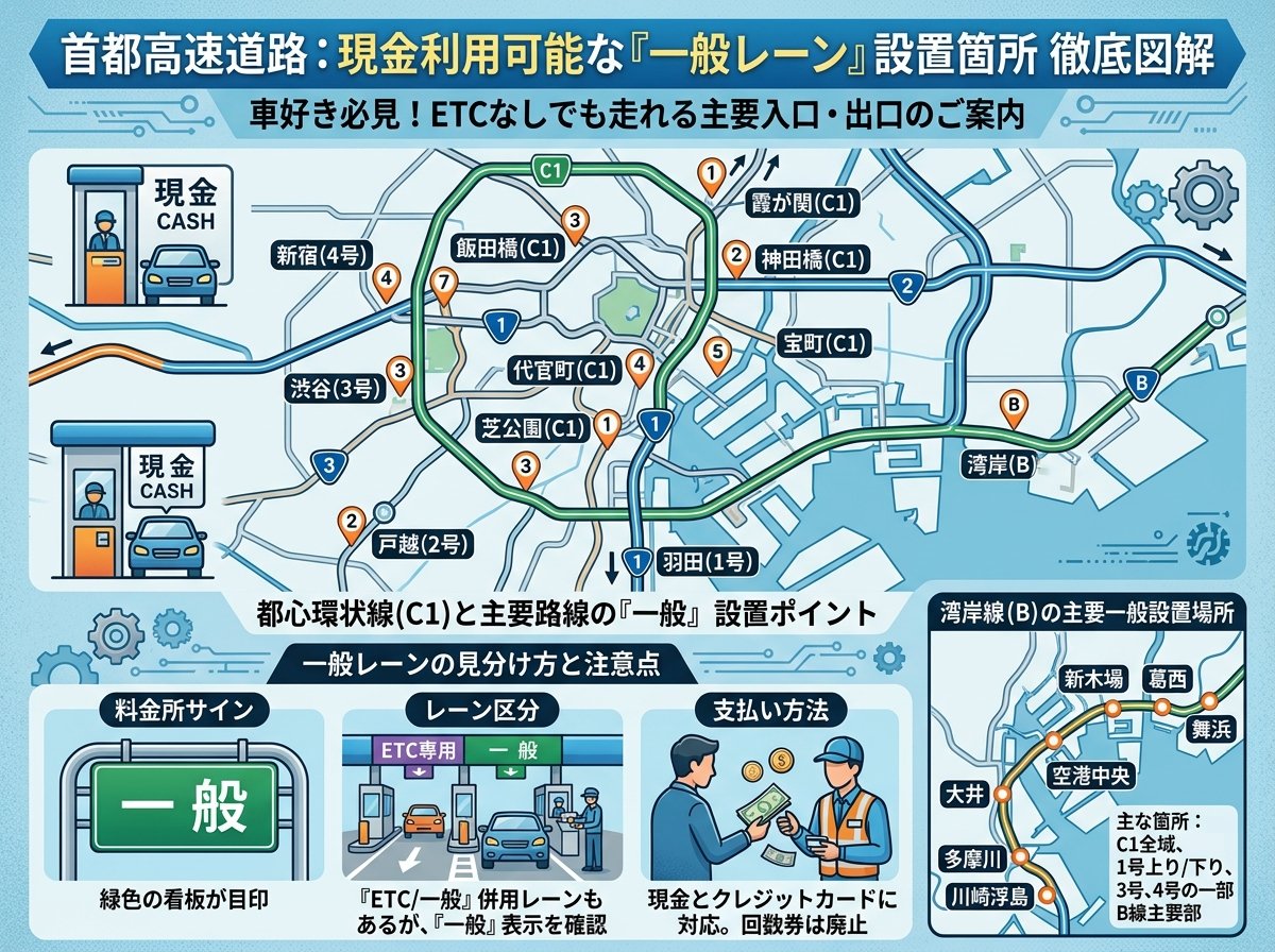 首都高速道路で現金利用可能な一般レーンの場所