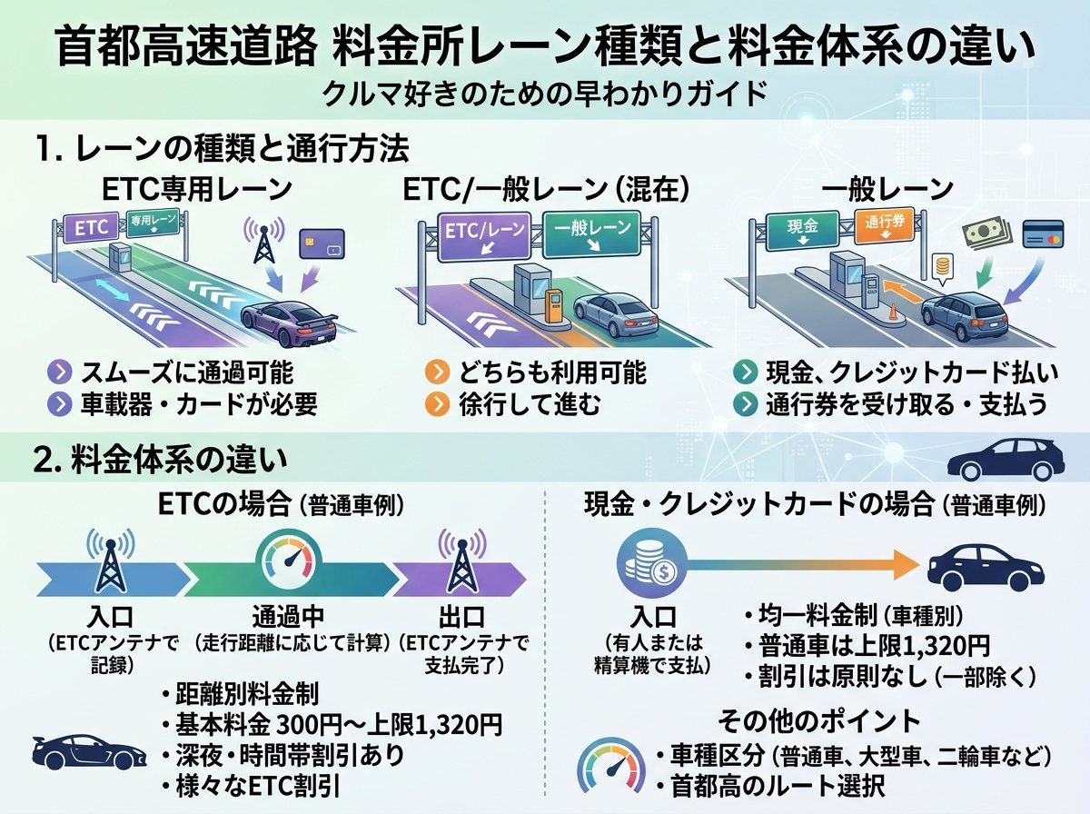首都高速道路の料金所レーン種類と料金体系の違い