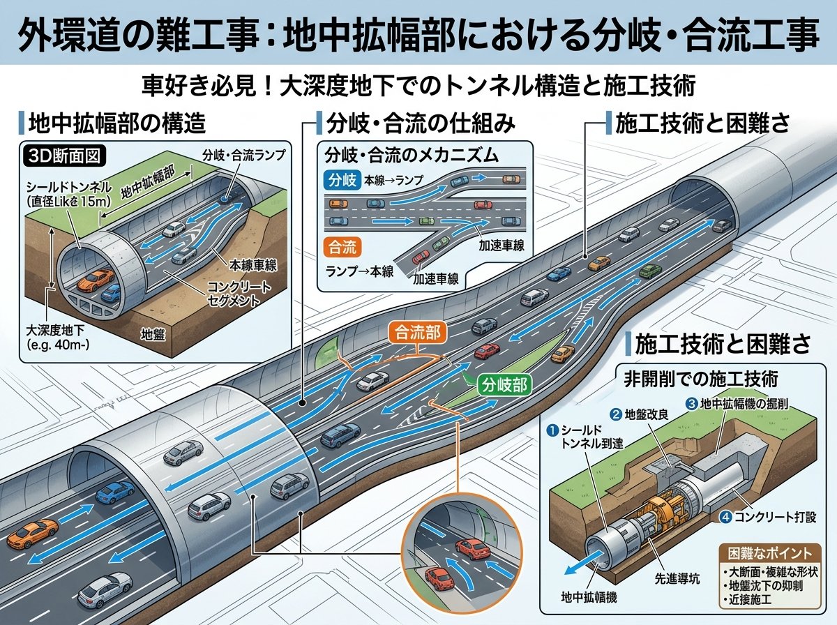 外環道の難工事 地中拡幅部における分岐・合流工事