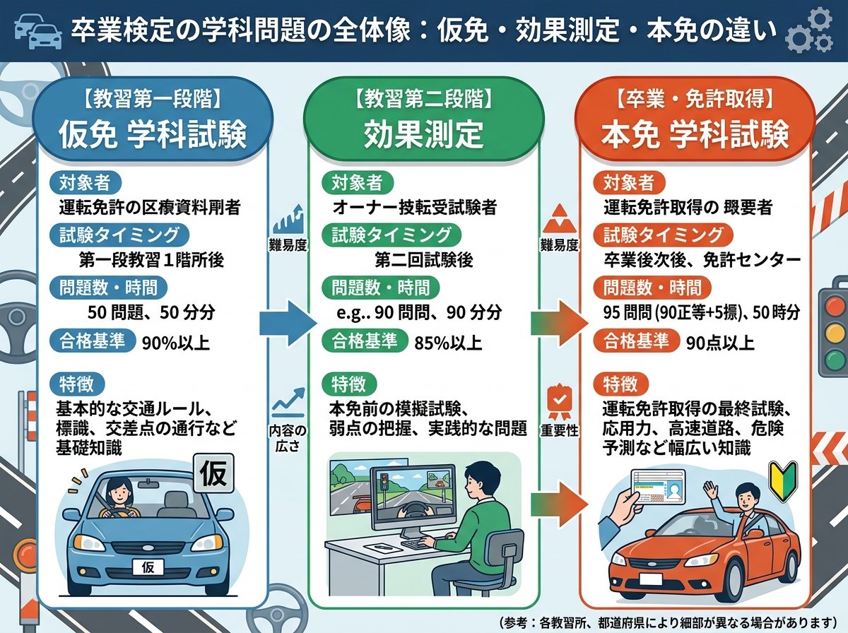 卒業検定の学科問題の全体像：仮免・効果測定・本免の違い