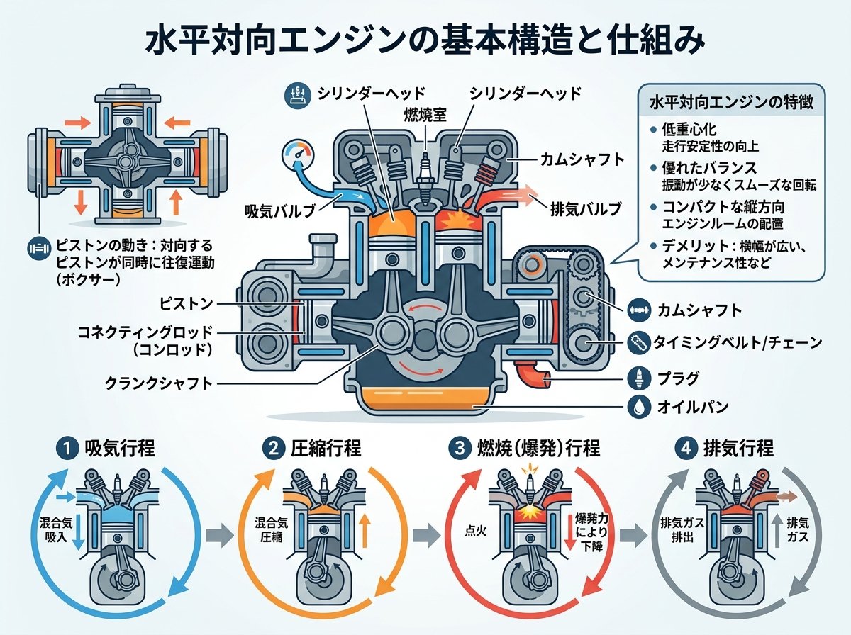 水平対向エンジンの基本構造と仕組み