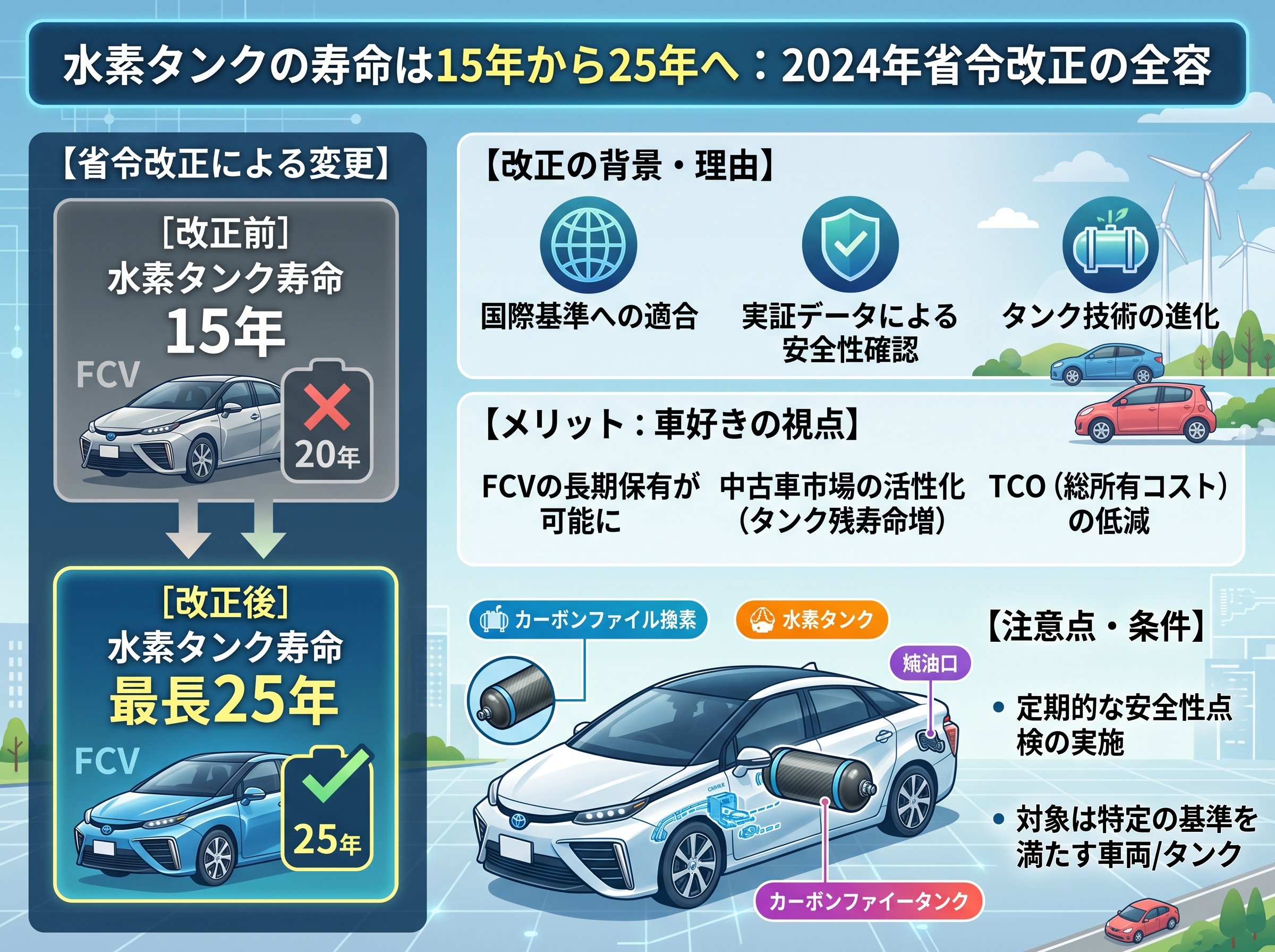 水素タンクの寿命は15年から25年へ:2024年省令改正の全容