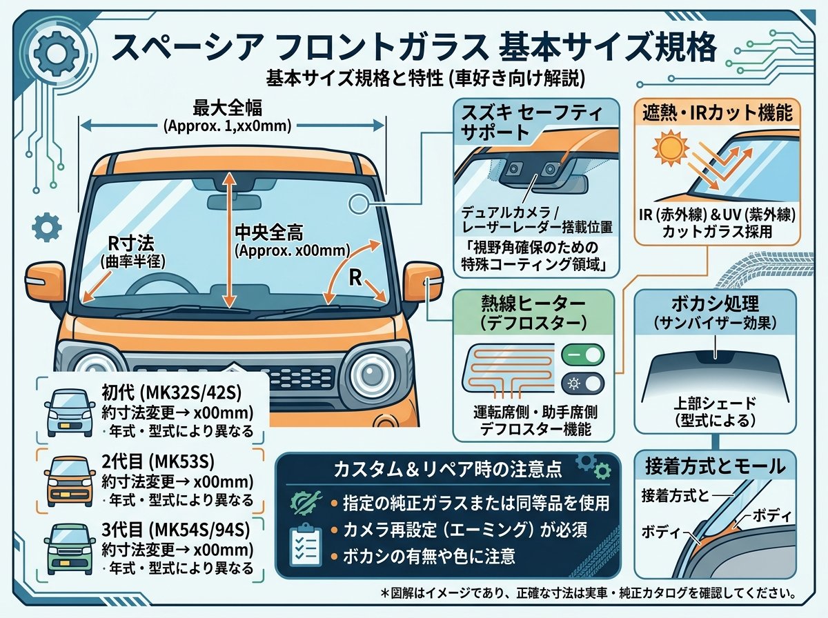 スペーシア フロントガラスの基本サイズ規格