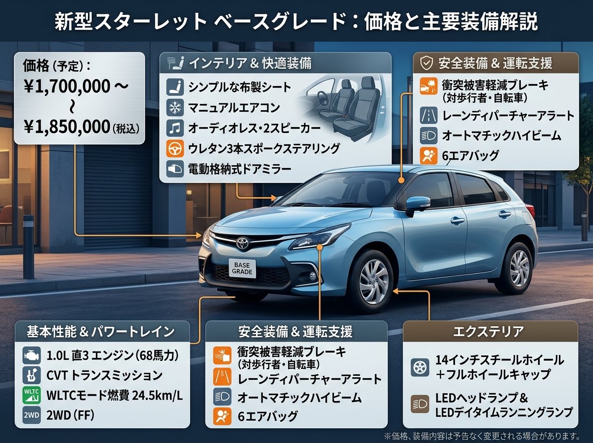 スターレット新型ベースグレード価格と装備内容