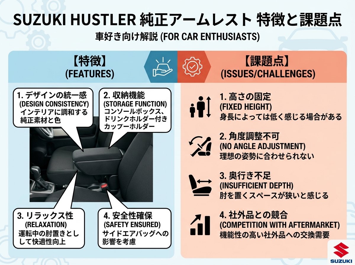 スズキ ハスラー 純正アームレストの特徴と課題点