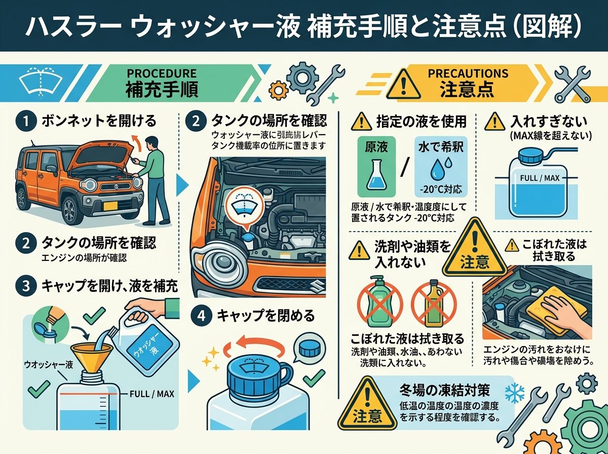 ハスラーのウォッシャー液補充手順と注意点