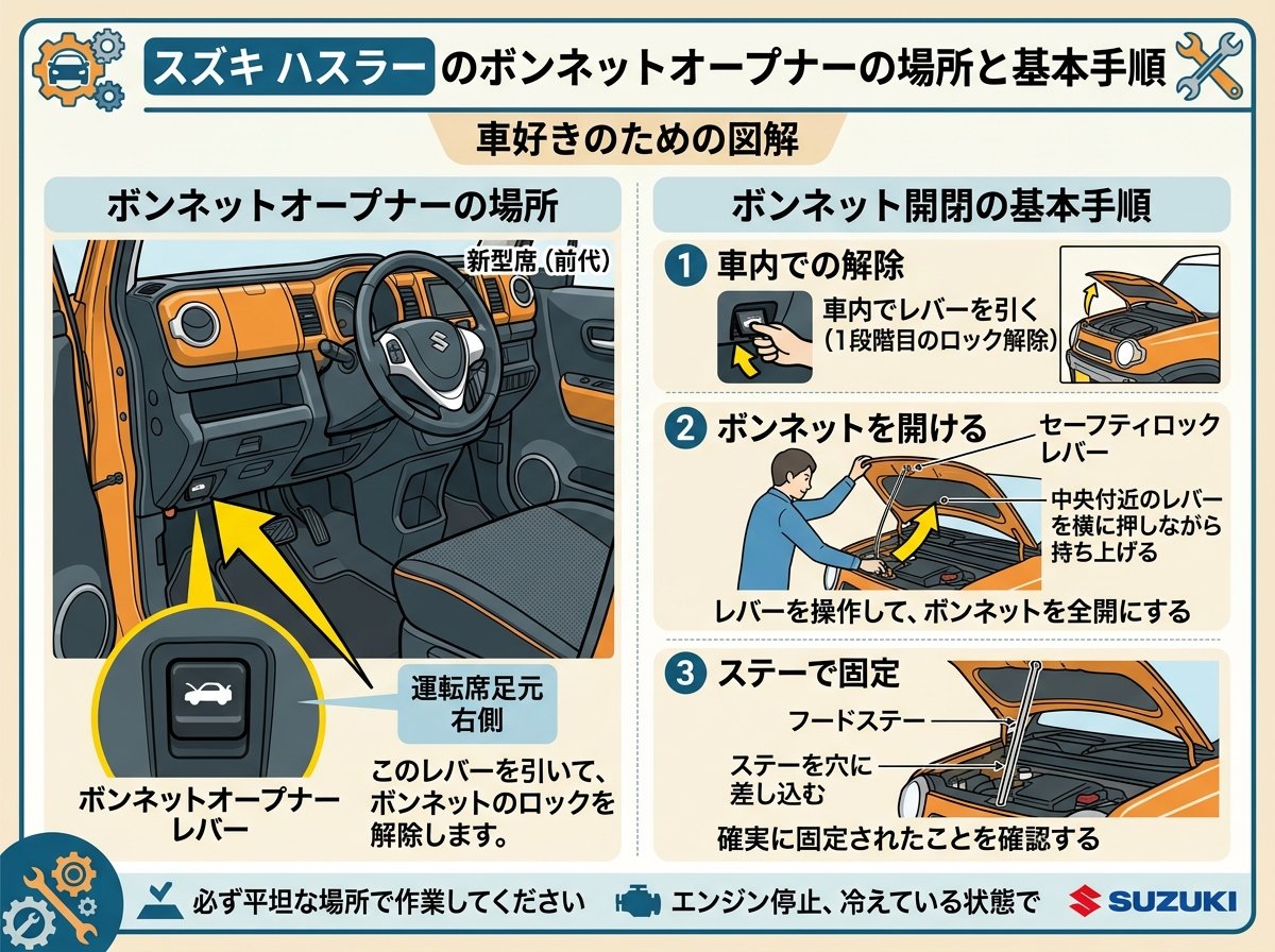 スズキ ハスラー のボンネットオープナーの場所と基本手順