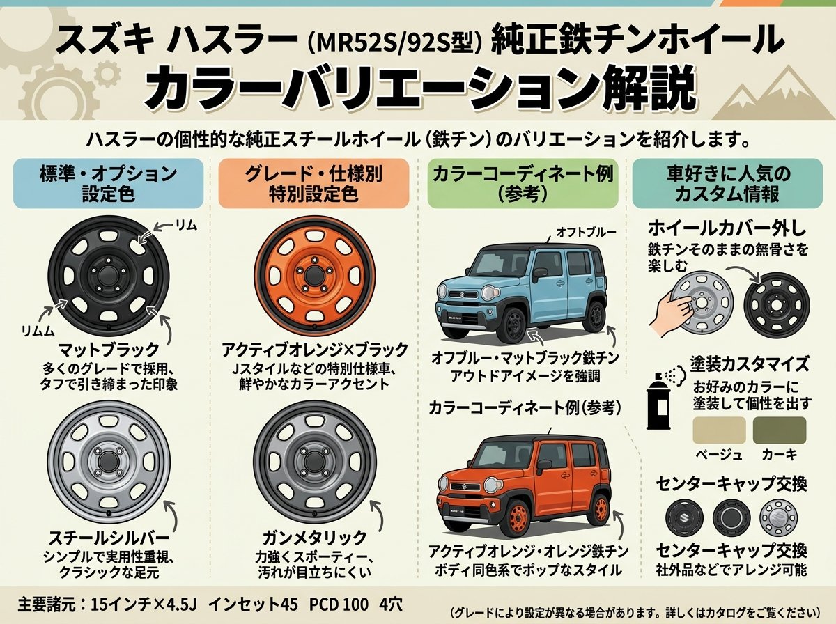 スズキハスラーの純正鉄チンホイールのカラーバリエーション