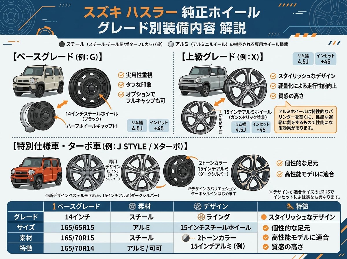 ハスラー 純正ホイールのグレード別装備内容