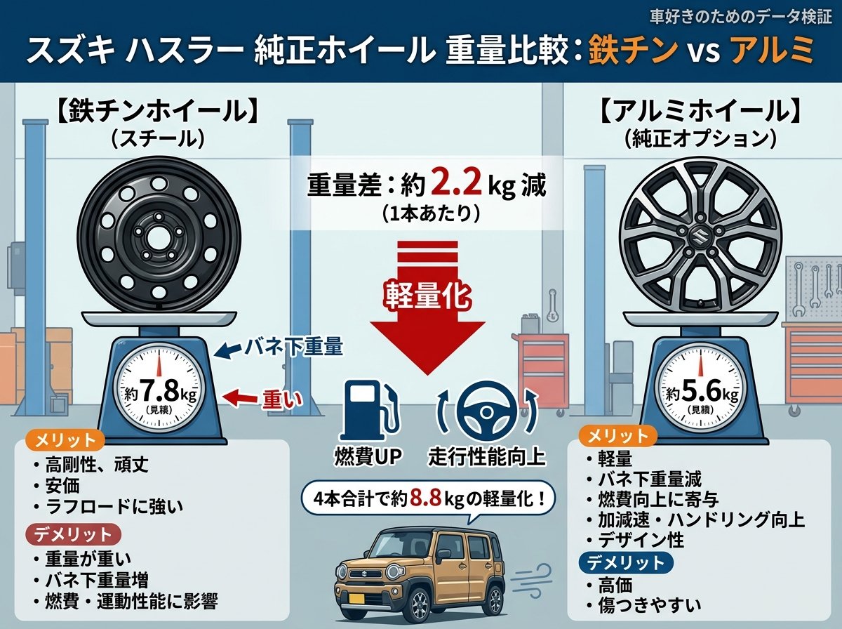 スズキハスラーの鉄チンホイールとアルミホイールの重量比較