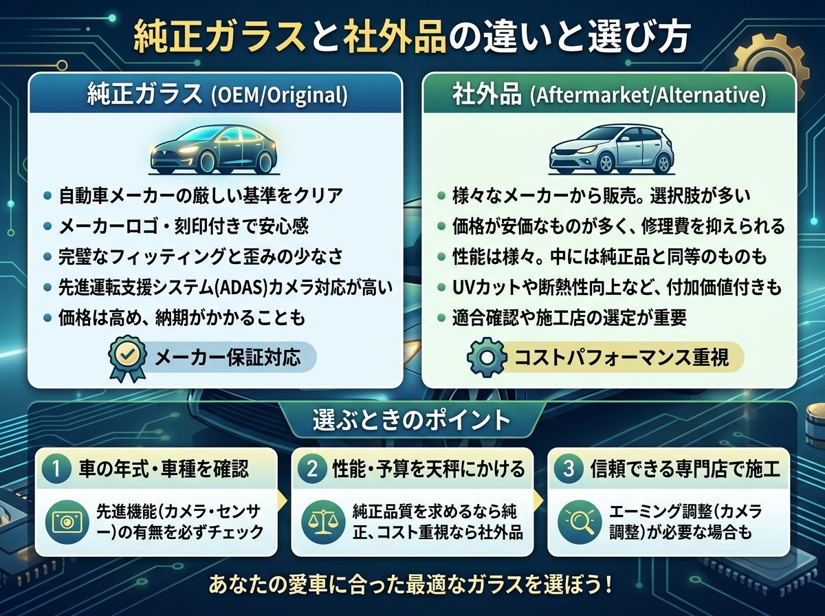 純正ガラスと社外品の違いと選び方