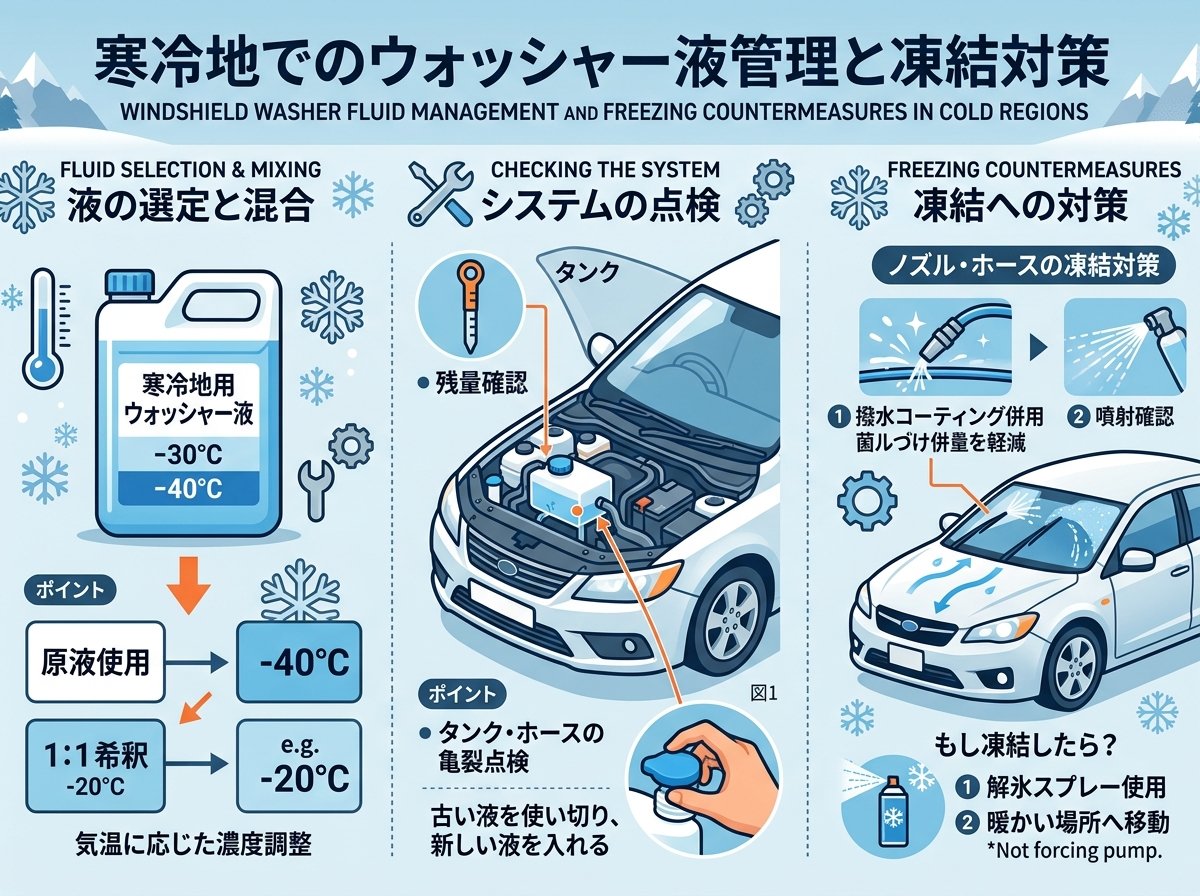 寒冷地でのウォッシャー液管理と凍結対策